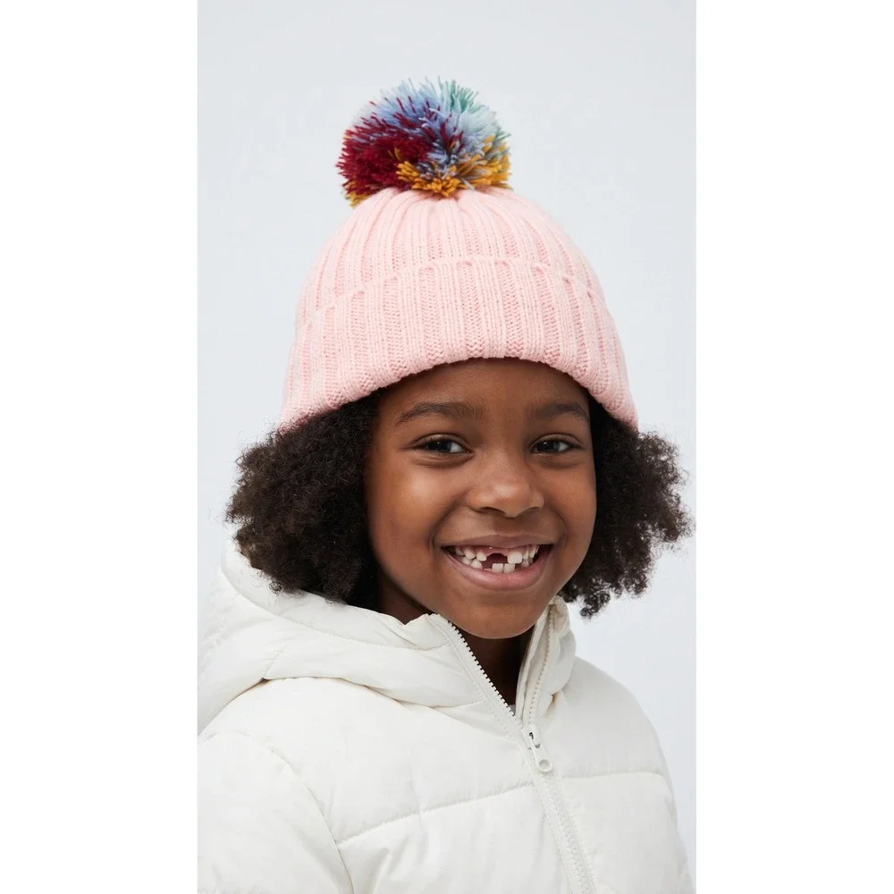 NWOT Hanna Andersson Kids Pink Ribbed Knit Beanie Multi-Color Pom Pom Hat Small